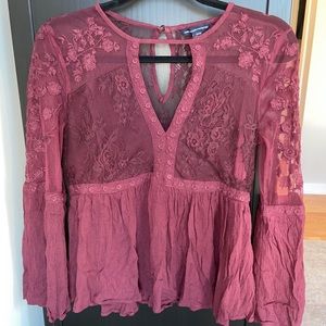 American Eagle | Maroon Lace Long-Sleeve Blouse